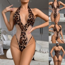 Sexig Leopardmönstrad Gaze Split Halterneck Rygglös Underkläder Bodysuit