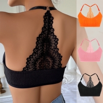 Mode Spets Ribbed Halterneck Brassière med Slits