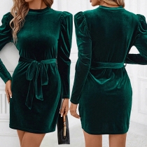 Mode Polokrage Puffärmad Självknuten Bodycon Klänning med Långärmar