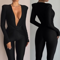 Sexig djup V-ringad långärmad slim-fit jumpsuit