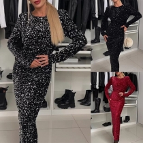 Sexig Bling-Bling Paljettklänning med Rund Hals, Långärmad Rygglös Bowknot Bodycon Maxi-Klänning