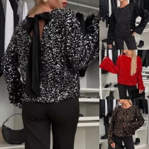 Mode Bling-bling paljett långärmad topp med rund halsringning