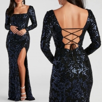 Sexig Bling-bling paljett festklänning med fyrkantig hals, snörning, rygglös design och långärmad sidoslits maxi