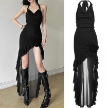 Sexig halterneck ärmlös 3D-blommig rygglös volang asymmetrisk svart klänning