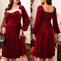 Mode plysch skarvad Sweetheart Neckline Rygglös långärmad klänning med hög midja