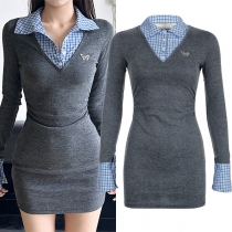 Långärmad Bodycon Klänning med Kontrastfärg och Rutigt Mönster i Polo Stil