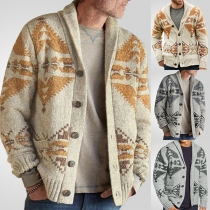 Vintage blommönstrad jacquardstickad cardigan med krage och knäppning framtill för män