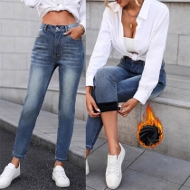Mode höghus plyschfodrade vintage-tvättade jeans