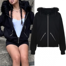 Långärmad hoodie med fluffig dragkedja framtill