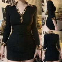 Leopardmönstrad trendig Polo V-ringad långärmad Bodycon Klänning