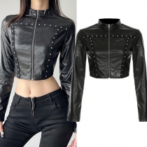Punkstil Stickad Hög Krage Långärmad PU Läderlook Kort Jacka
