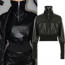 Streetwear Dragkedja Högkrage Långärmad PU-läder Skjorta