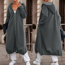 Casual Enfärgad Huvtröja med Lång Ärmar och Frontdragkedja i Longline Modell Jacka
