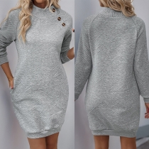 Mode sidoknapp rund hals långärmad sweatshirtdress med textur