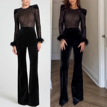 Sexig Bling-Bling Rund Hals Plysch Patchwork Långärmad Jumpsuit med Rak Passform