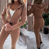 Fashion Knapp Tvådelad Set med Crop Sweat-jacka och Träningsbyxor