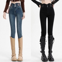 Modeknapp Höghus plyschfodrade Skinny Vintage tvättade denimjeans