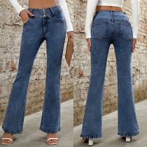 Höghus Flare Modeknapp Gamla tvättade jeans