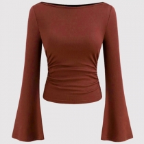 Fashion Båthals Utsvängd Långärmad Ruched Blus