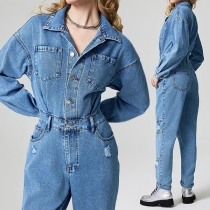 Streetwear Sliten Polokrage Långärmad Framknapp Vintage Tvätt Denim Jumpsuit