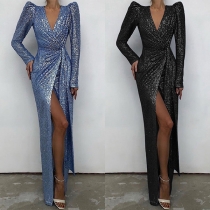 Glamourös Bling-bling V-ringad paljettpuff långärmad festklänning med slits framtill Maxi