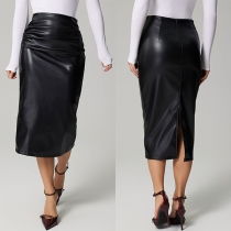 Enfärgad Högmidjad Ruched Back Slit PU Läderkjol