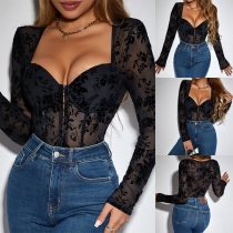 Sexig Jacquard Sweetheart Neck långärmad korsettbody