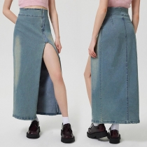 Högmidjad maxikjol i denim med sidoslits