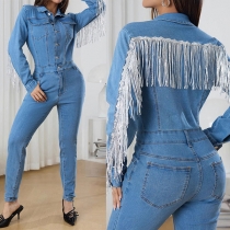 Street Fashion Polo-halsad långärmad framknappad Upphöjd rygg Tofs Vintage tvättad denim jumpsuit