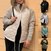 Streetwear Stickad Krage Långärmad Quiltad Kappa med Dragkedja Fram