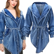 Mode Lapel Hooded Långärmad Självknytbar Vintagevättad jeansjacka