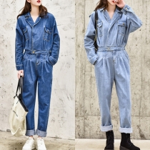 Moderiktig Kavajslag Långärmad Markerad Midja Vintage-tvättad Denim Jumpsuit