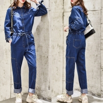 Mode Polo Krage Långärmad Knapp framtill Elastisk Midja Denim Jumpsuit