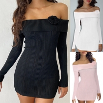 Sexig off-shoulder långärmad ribbad Bodycon-klänning med 3D blomdekoration