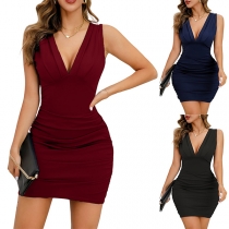 Ärmlös Enfärgad V-ringad Bodycon Klänning