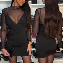 Sexig halvtransparent Gaze Slits Rhinestone Rundhalsad Långärmad Bodycon Klänning