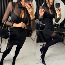 Sexig halvgenomskinlig gasväv klänning med strass och polosnörning fram, långärmad bodycon-design
