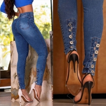 Hög midja gammal tvättad mode knapp mager denimjeans
