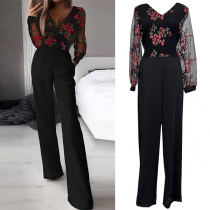 Högväxt jumpsuit med blommigt broderi, V-ringad och långärmad, vida ben