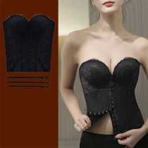 Elegant Jacquard Axelbandslös Framknäppning Rygglös Bröllopsklänning Formkläder