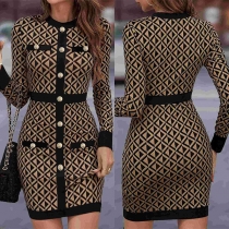 Vintage mönstrad rundhalsad långärmad knapp Bodycon klänning