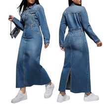 Modestativ krage Långärmad knapp framtill med slits baktill tvättad jeansklänning