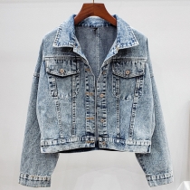 Trendig ståkrage långärmad jeansjacka med ryggtofs och vintage tvättad look