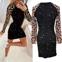 Mode Bling-bling Leopardmönstrad Rundhalsad Långärmad Figurnära Klänning