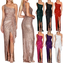 Sexig Glittrande Paljett Off-Shoulder Ärmlös Knyt Slits Maxi Festklänning