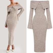 Sexig Axellös Trumpet Långärmad Ribbad Bodycon Maxiklänning Med Krage