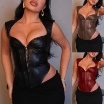 Sexig Sweetheart Halsringning Framspänne Ärmlös PU Läder Korsett Bodysuit