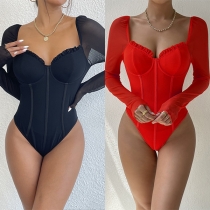Sexig Gaze Höga Slitsar Långärmad Sweetheart Neckline Korsett Bodysuit