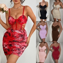 Sexig Sweetheart-urrringning Sidoknyten Samlad Bodycon Festklänning