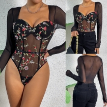 Sexig blommig broderad långärmad body med sweetheart-halsringning och halvt genomskinligt tyg
